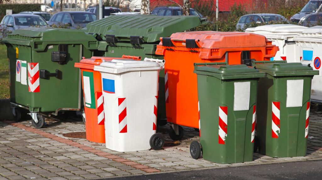 different colors and sizes of garbage containers